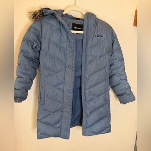 Girl’s Marmot Blue Puffer Jacket with detachable fur trim